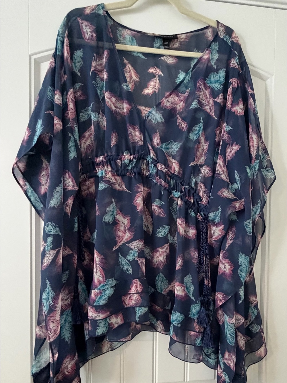 Lane Bryant Navy Sheer V-Neck Tunic with Pink & Teal Feather Print